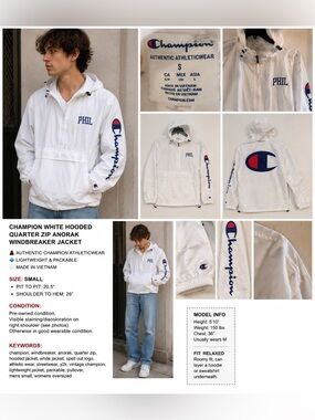 Champion White Hooded Quarter Zip Anorak Windbreaker Jacket Small Spell Out Logo